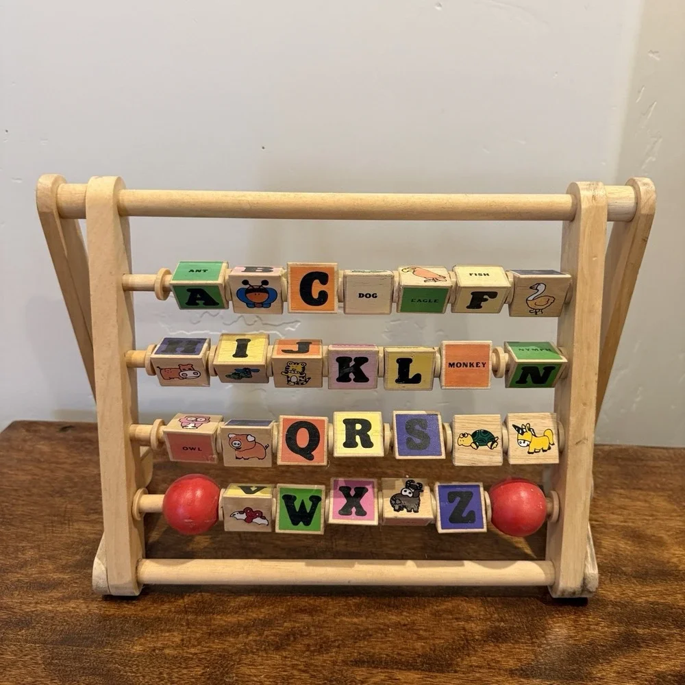 Vintage‎ Alphabet Abacus Kids Toy Double Sided Pictures Letters Educational Wood